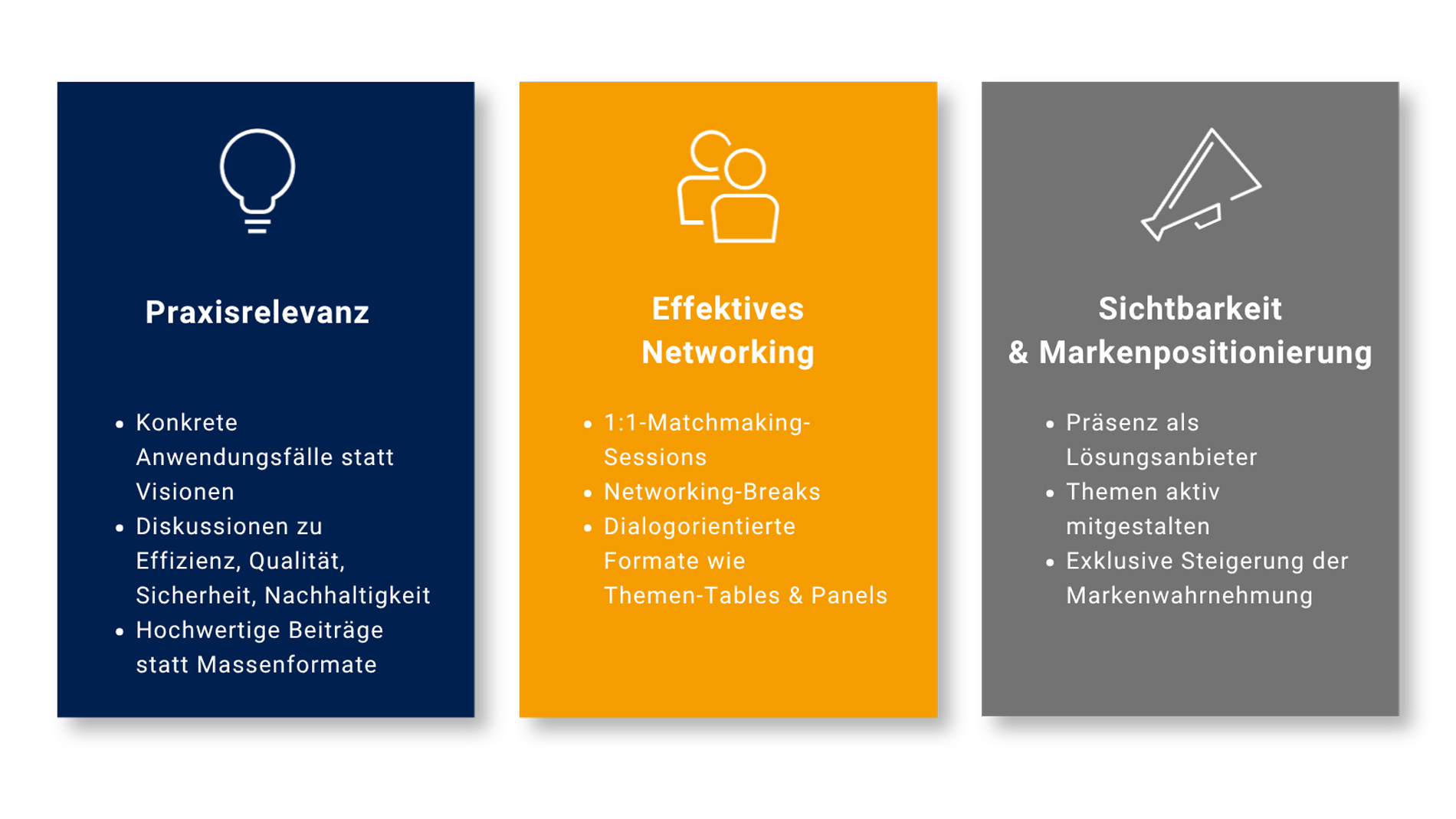 Infografik mit den zentralen Mehrwerten des Industrial Technology Summit für Anbieter: praxisnahe Fachthemen, strukturierte Networking-Möglichkeiten und erhöhte Sichtbarkeit als Lösungsanbieter.