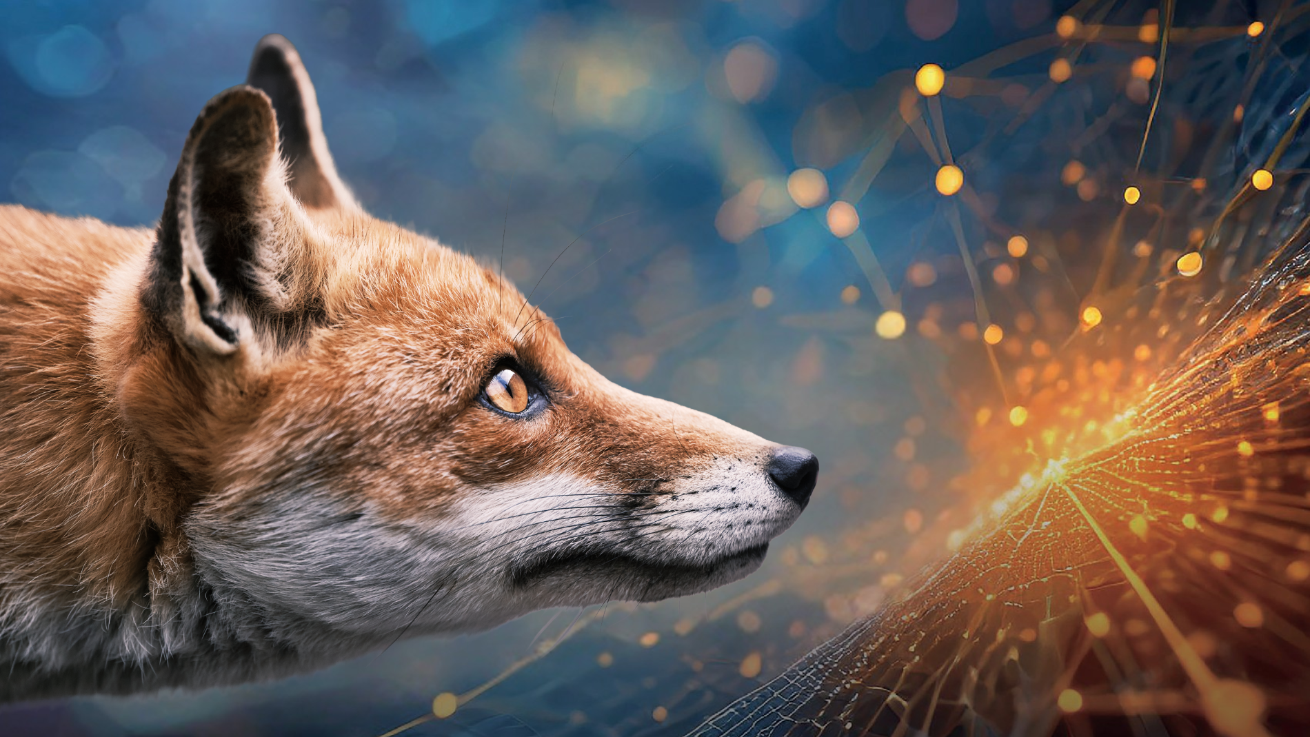 Conceptual image representing Industrial AI with a fox and a digital network structure