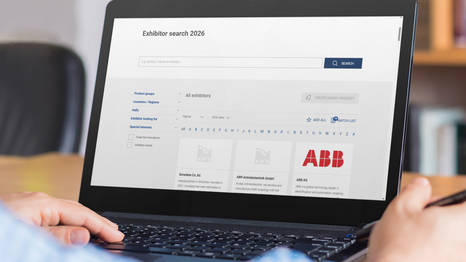 The image shows the exhibitor search of the SPS 2026, providing a quick overview of exhibitors and products.