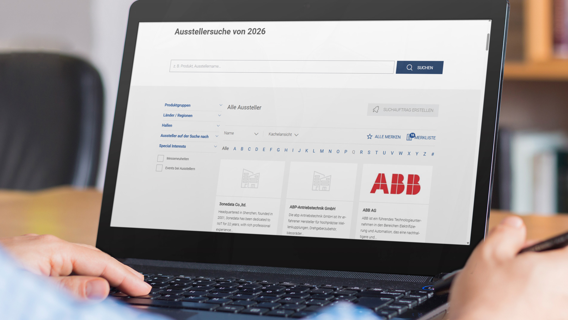 Das Bild zeigt ein die Ausstellersuche der SPS 2026 zur schnellen Übersicht über Aussteller und Produkte.