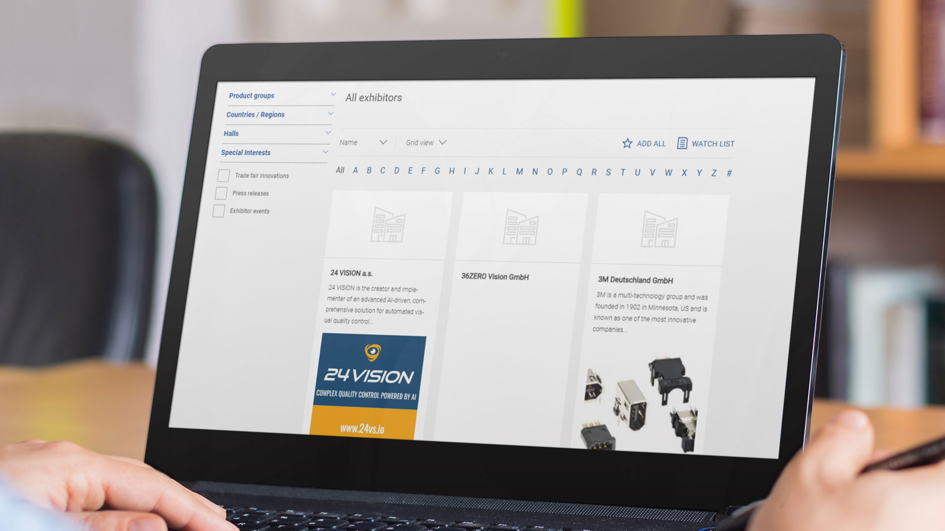 Display of the SPS exhibitor search on a screen with filter options for Industrial AI providers.