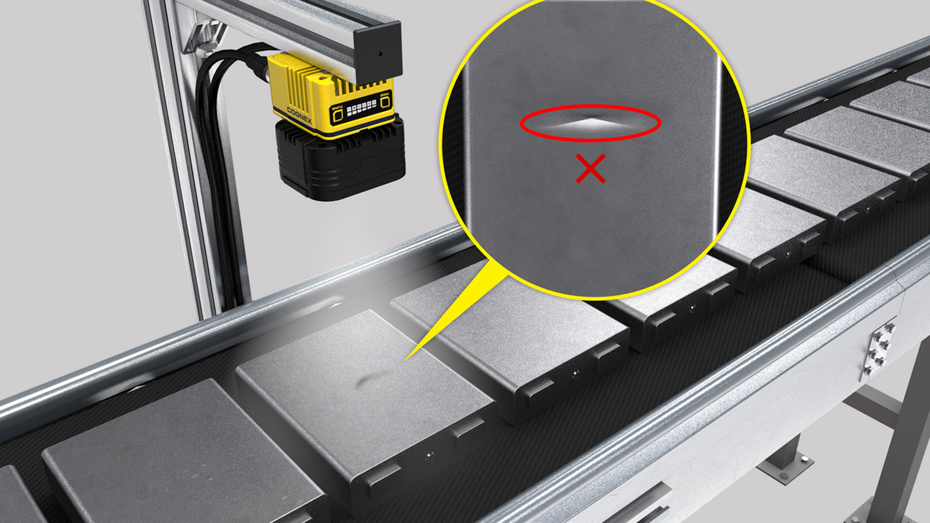 Das In-Sight 3800 von Cognex prüft die Oberfläche von EV-Batteriezellen auf Kratzer, Dellen und Risse und gibt ein Gut/Schlecht-Ergebnis aus. Die Edge-Learning-Werkzeuge lassen sich mit wenigen Beispielbildern trainieren. Bild: Cognex
