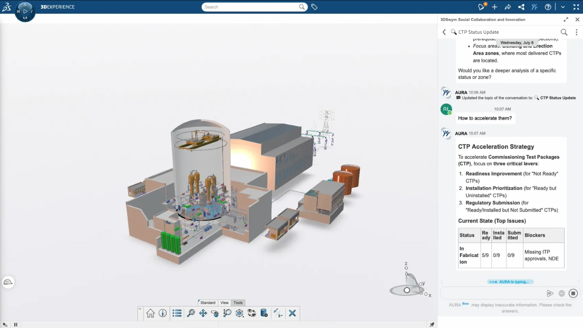 Der virtuelle Zwilling liefert der KI den Kontext: Im 3DEXPERIENCE-Modell einer Anlage wertet der virtuelle Begleiter AURA den Stand der Inbetriebnahme-Testpakete aus, benennt offene Blockaden und schlägt Prioritäten vor. Bild: Dassault Systèmes