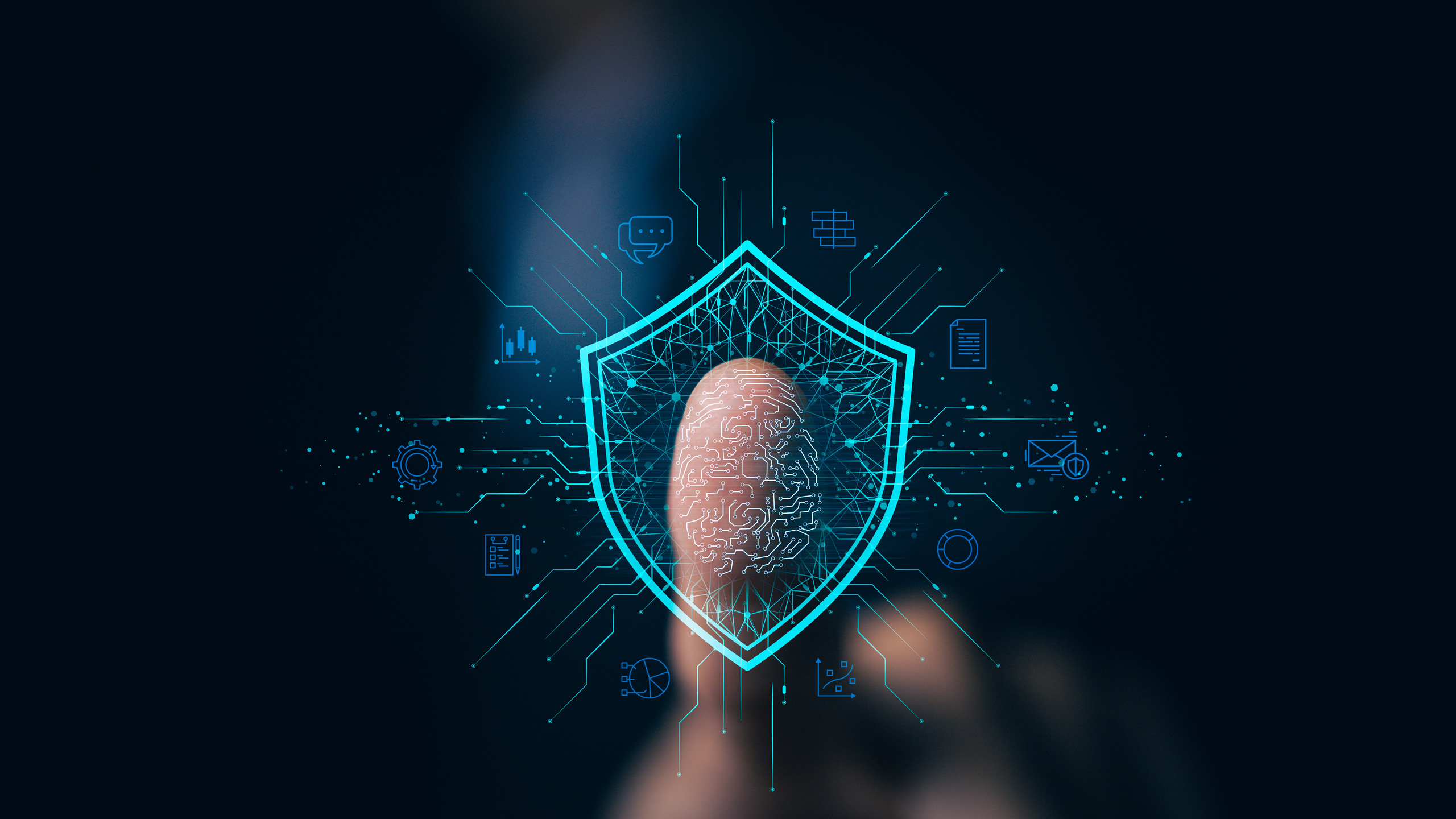 Bild: iStock.com/ PUGUN SJ. Digitales Schutzschild mit Fingerabdruck als Symbol für Cybersicherheit und Datenschutz.